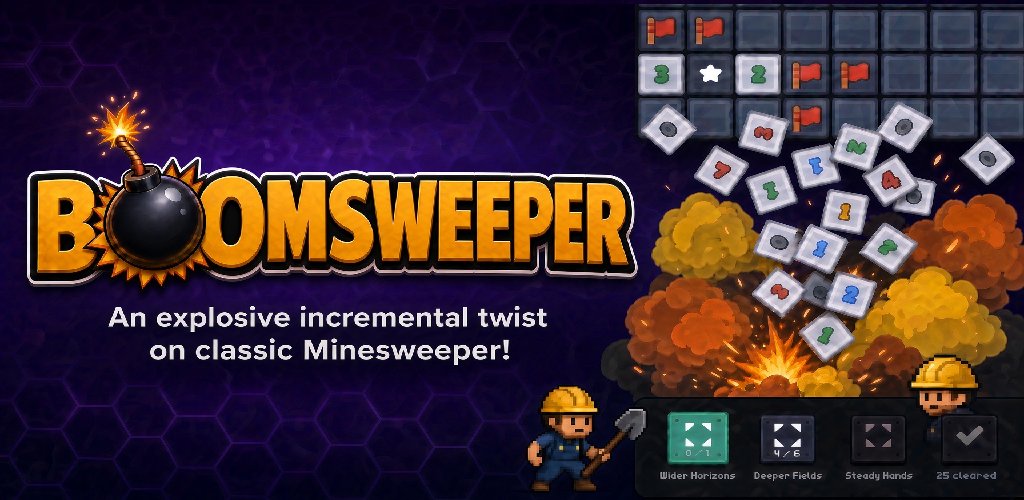 BOOMSWEEPER key art: the logo, an exploding board and two miners